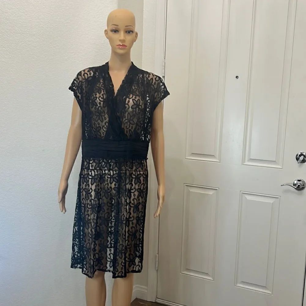 Ashley Stewart Sz 14W Dress Coverup Black Sheer Floral Lace V Neck Cap Sleeve